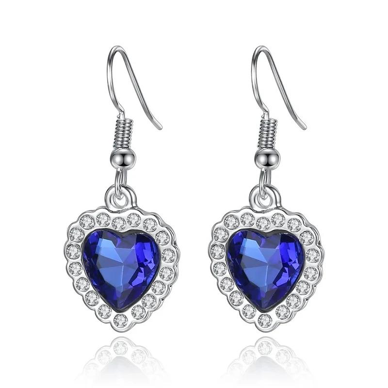 New Titanic Blue Red Necklace+Earrings Ocean Heart  Love Eternal Shining High End Jewelry Bridal Wedding  Set