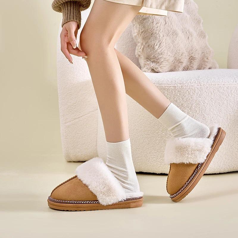 Smile Pop Winter Fur Cotton Slippers For Women Soft Comfort Fuzzy Bedroom Slides Faux Fur Warm Plush Shoes Fluffy House Slippers