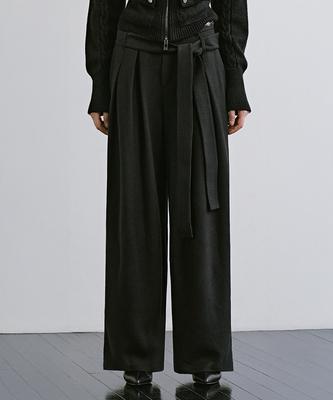TREEMINGBIRD Detachable Belt Pleated Slacks [ Black ]