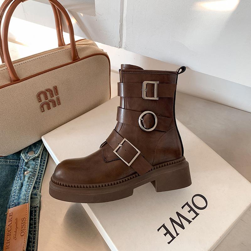 Martin boots women's leather autumn and winter new belt buckle platform locomotive knight boots retro British style short boots