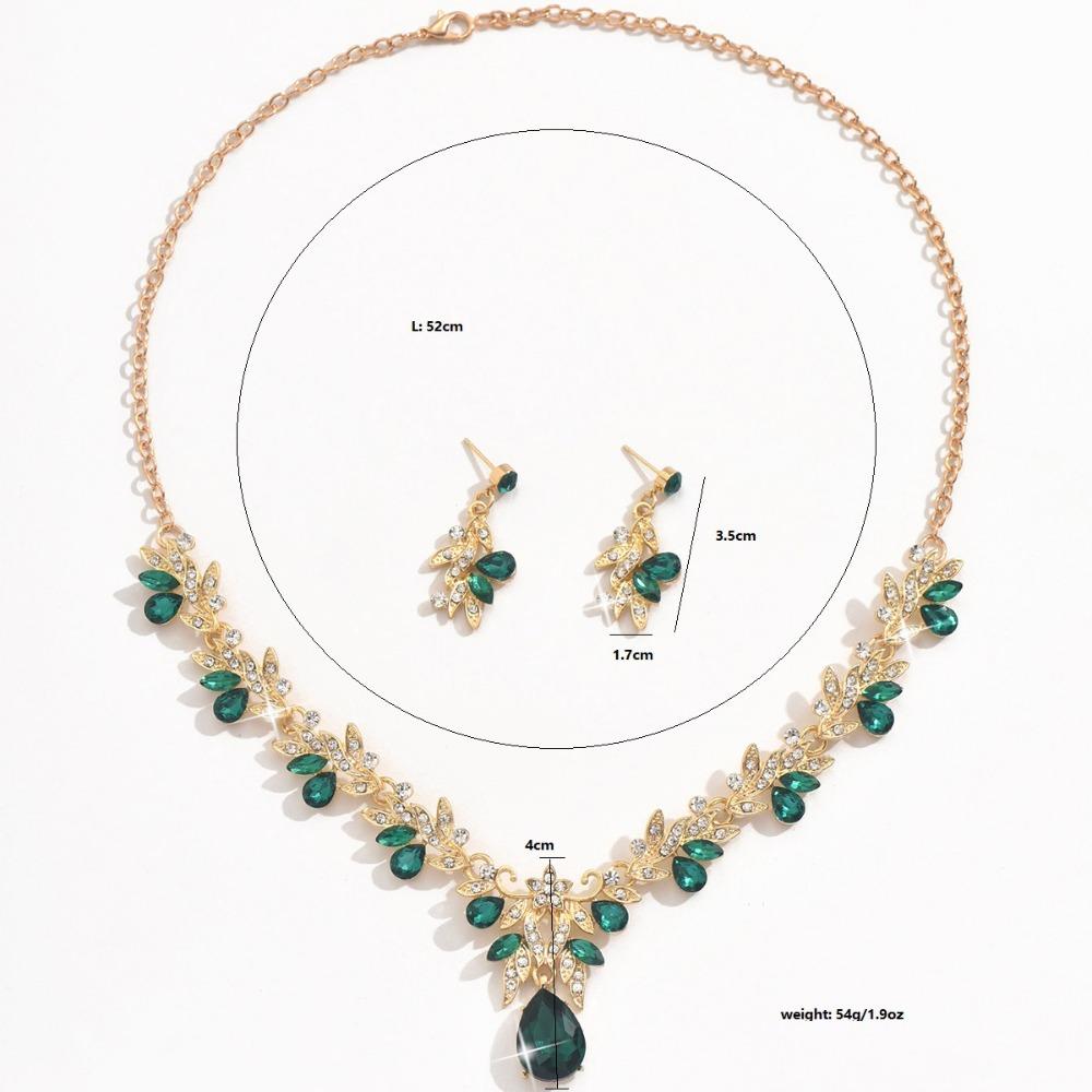 Fashion Luxury Full of Rhinestone Flower Green Teardrop-shaped Crystal Pendant Necklace for Women Bride Wedding Banquet Jewelry