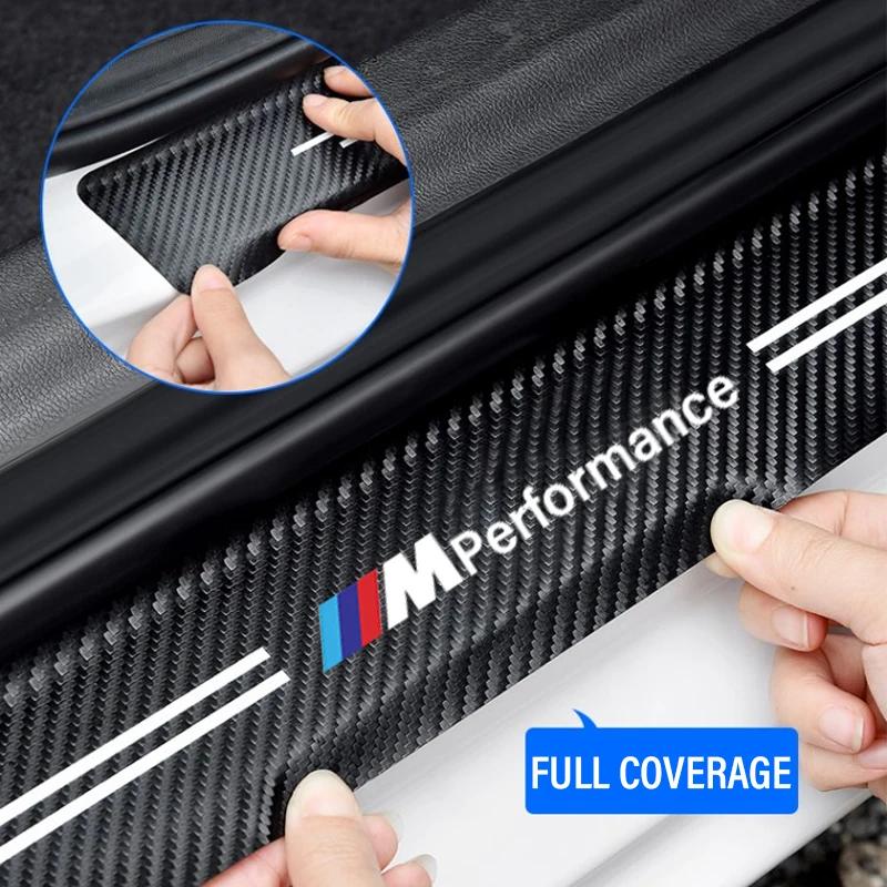For BMW M Performance E36 E46 E60 E90 E91 E92 E93 F30 F20 M3 X5 4pcs Car Door Sill Threshold Carbon Fiber Plate Decals Stickers BM5