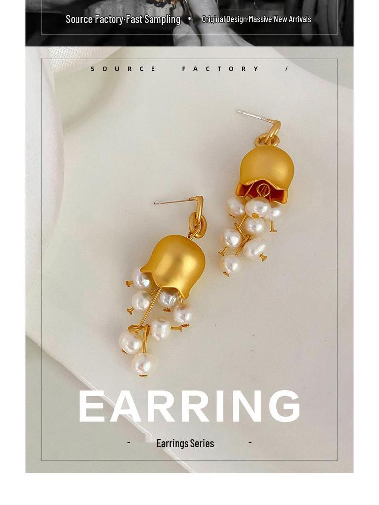 Boucles d'oreilles rétro françaises Muguet Perle d'eau douce - Argent Vintage Haut de Gamme