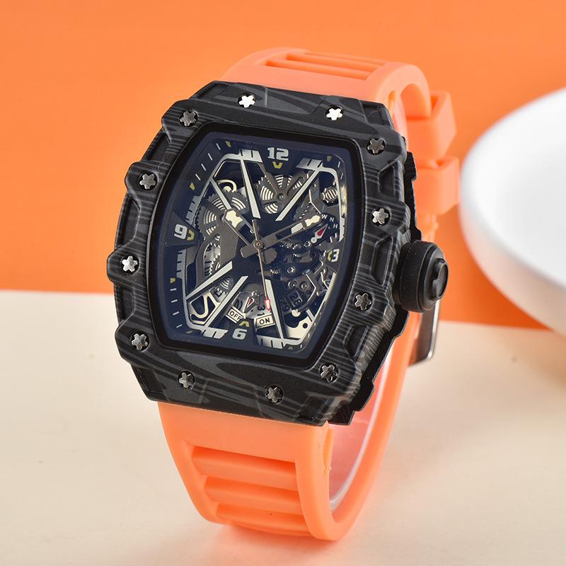 Vibrant Wine Barrel Shape Quartz Watch with Carbon Fiber Hollow Design for Men