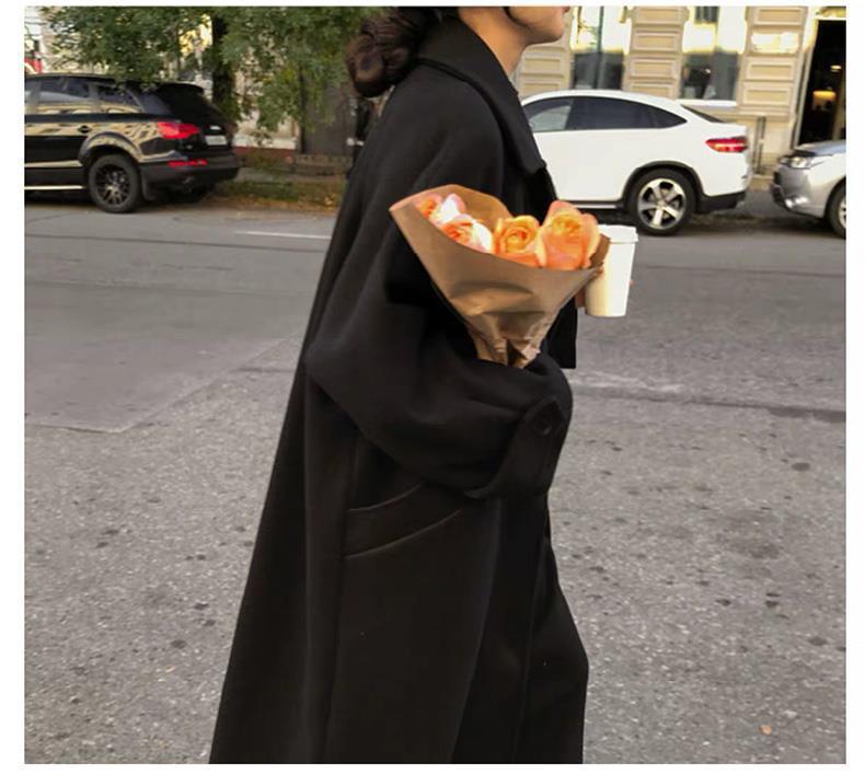 Dámský vlněný kabát černé barvy střední délky nad koleno, Hepburn styl, korejský styl, volný střih, styl Mori, připravený na zimu.