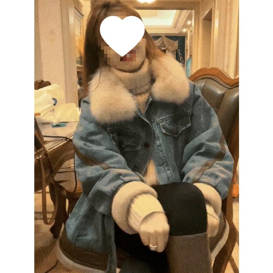 

2025 Women s Winter Velvet Fur Collar Leather Denim Patchwork Jacket – Trendy European Style XL 145-155