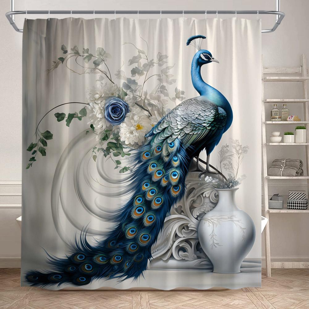 Blue Peacocks Shower Curtains Forest Trees Plants Flowers Waterfall Scenery Polyester Fabric Bathroom Curtain Decor With Hooks