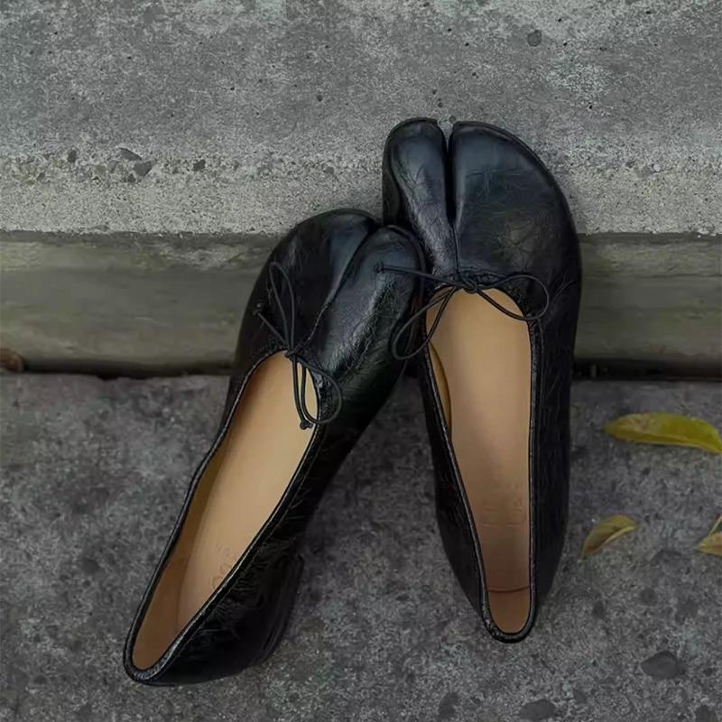 Cowhide Version~ Retro Niche Bow Split-toed Shoes Flat Ballet Shoes Women's Spring and Autumn Versatile Single Shoes