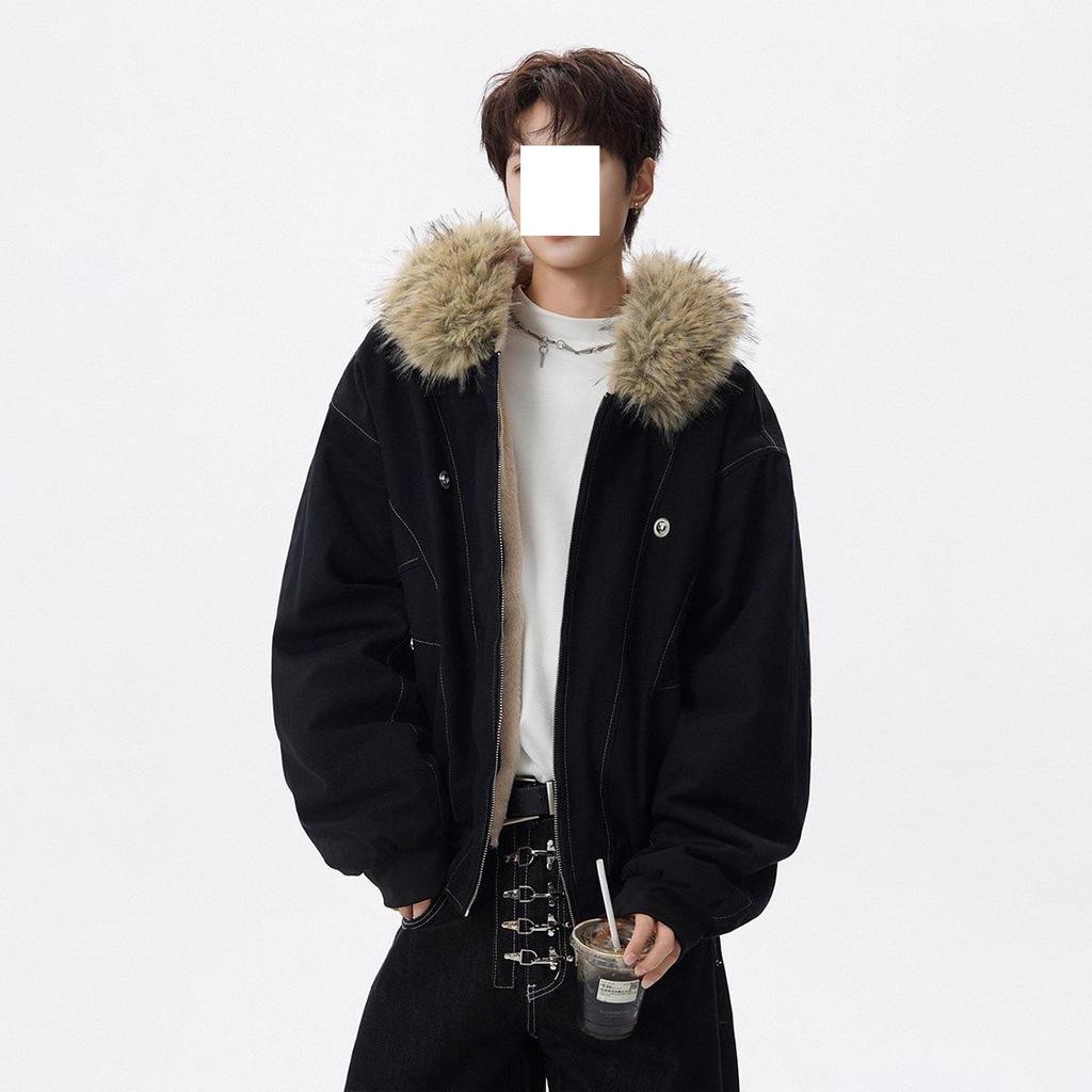 Men's American Style Mountain Eagle Fur Collar Cotton Jacket - Winter Retro Casual Warm Outerwear 