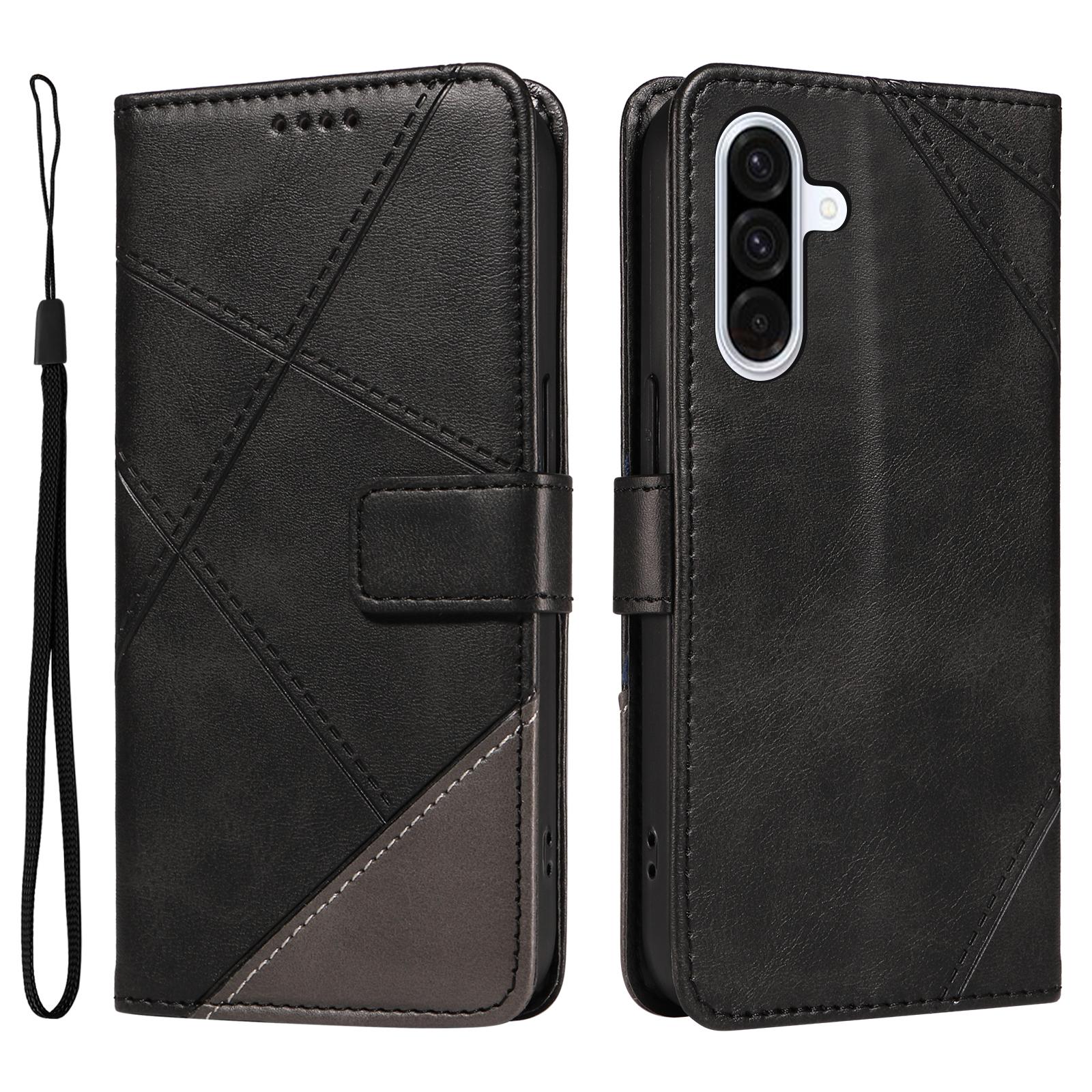

For Samsung Galaxy A56 5G Leather Case Geometric Line Design Wallet Phone Cover with Wrist Strap Black