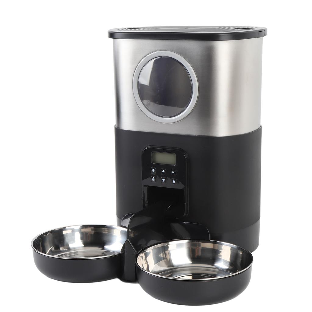 Automatic Cat Feeders for Two Cats 5L Capacity Visable Window Quantitative Feeding Stainless Steel 2 Bowls Timed Pet Food Dispenser