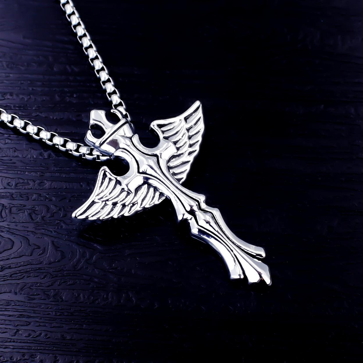 European and American Jewelry Titanium Steel Angel Sword Pendant Punk Retro Trendy Men s Necklace 60CM