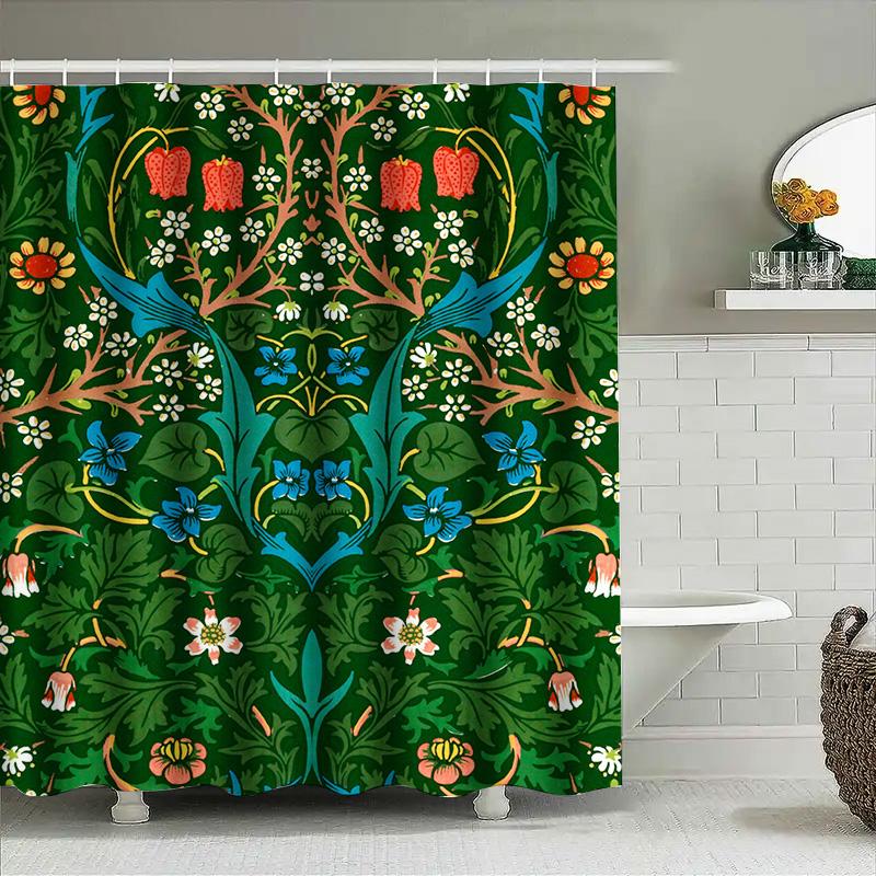 Unique Artistic Shower Curtain Waterproof Decorative for Bathroom Fabric Customized Size Floral Design Green Blue Yellow Orange