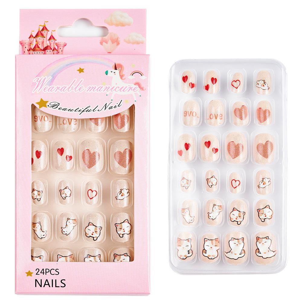24pcs/box Candy Kids False Nail Cartoon Full Cover Press On Fake Nails Tips Kawaii Acrylic Artificial Fingernails for Girls