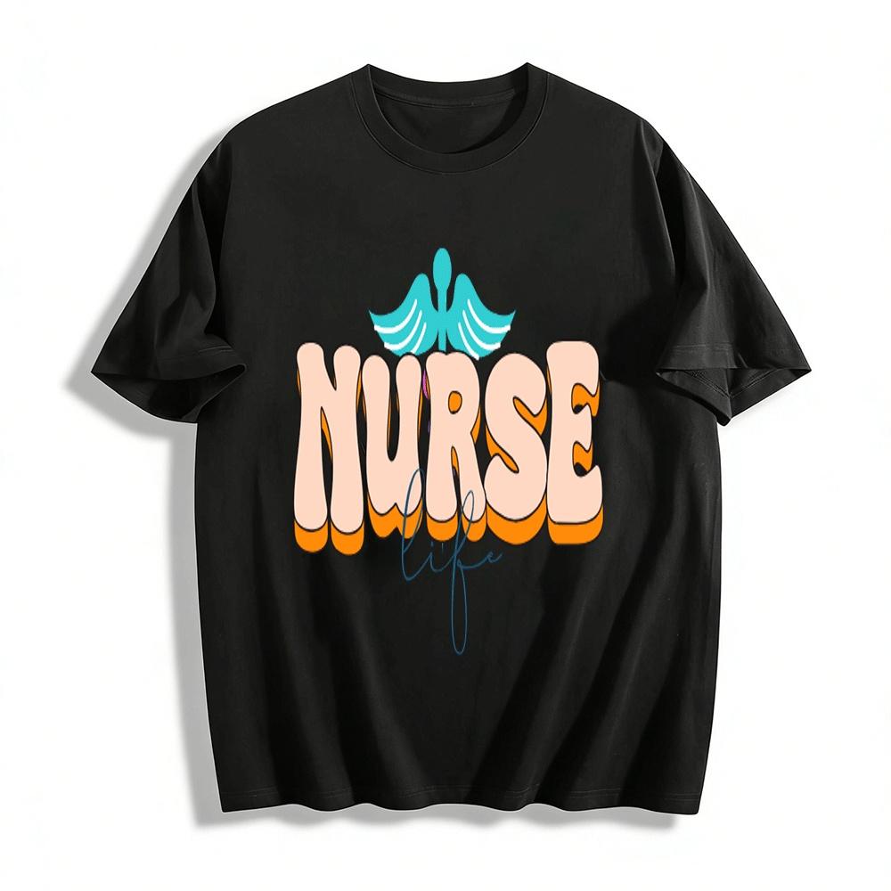 Retro Nurse Life Print Casual Top For Medical Workers Pure cotton T-shirt XXS
