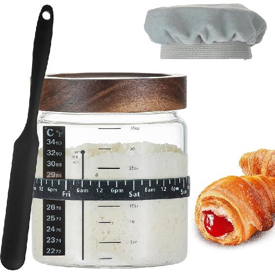 Wissy &Konny Sourdough Starter Jar 2Pack 35OZ with Ounce Scale Line,Date Marked Feeding Band, Thermometer, Sourdough Jar Scraper, Cloth Cover  & Wood Wood Lids-1 Pack