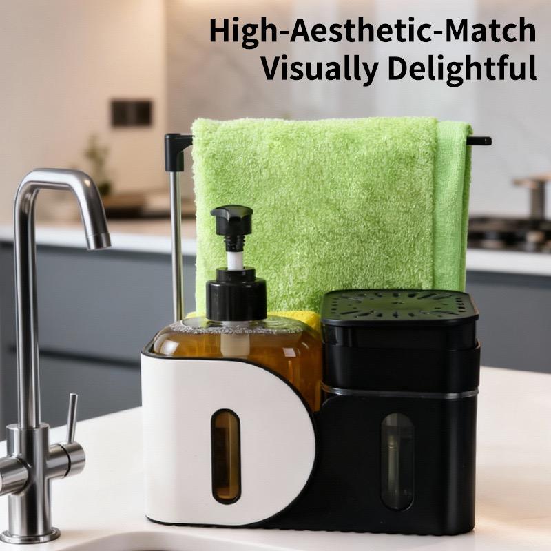 Kitchen Soap Dispenser Set, 4-in-1 Dual Hand and Dish Soap Dispenser with Sponge Holder and Dishcloth Holder for Kitchen Sink