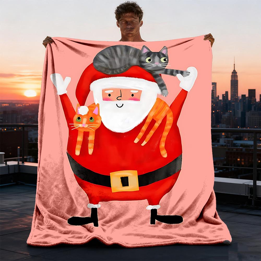 1pc Santa Claus , Cats Outdoor Flannel Blanket Soft All Season Polyester Throw , Perfect for Picnics & Travel , Picnic Accessory