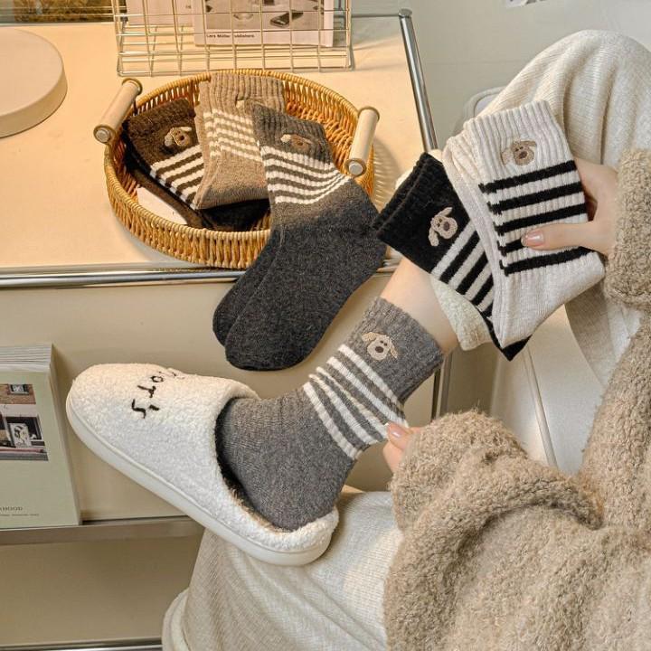 Women's Wool Striped Mid-Tube Socks - Cute Cartoon Puppy Embroidered, Warm Velvet, Thick for Autumn/Winter.