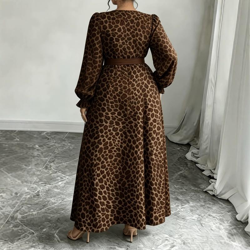 Women Plus Size Leopard Print Long Sleeve Square Neck Elegant Midi Dress