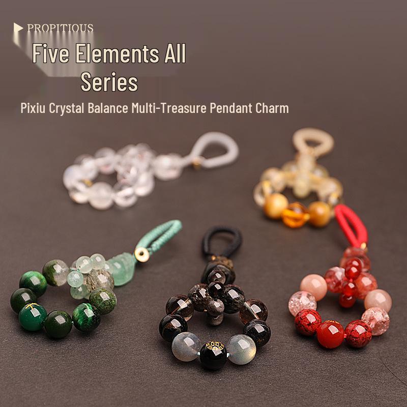 Zhenqiao Five Elements Pixiu Keychain: Wood, Fire, Earth, Metal, Water Crystal Pendant.