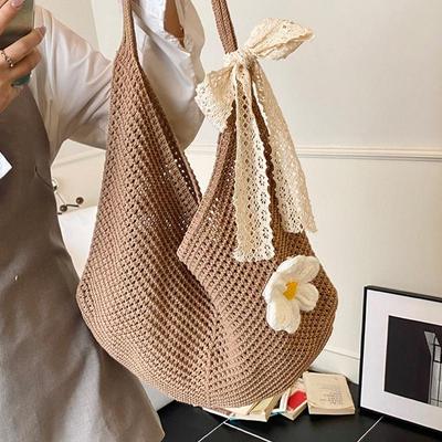 Prosta Ręcznie Robiona Dzianinowa Torba na Ramię w Stylu Boho Jednolity Kolor Szydełkowana Torba Tote Duża Pojemność Ażurowa Pleciona Torebka Wakacyjna