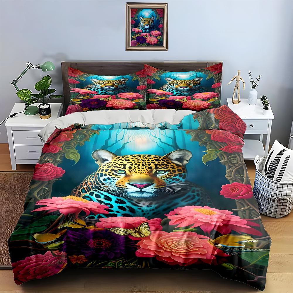 Leopard Floral Jungle Bedding Duvet Cover Sets Duvet Covers Pillowcases Gifts (1 * Duvet Cover 2 * Pillowcases, Without Duvet Insert)