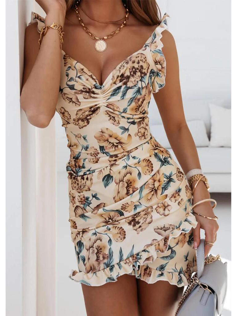 2026 Summer Floral Ruffle Sleeveless V-Neck Bodycon Dress for Women