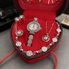 Fashionable Rhinestone Women’s Watch Set Romantic Heart Shaped Jewelry Gift Set Elegant Box Included Valentine Accessory