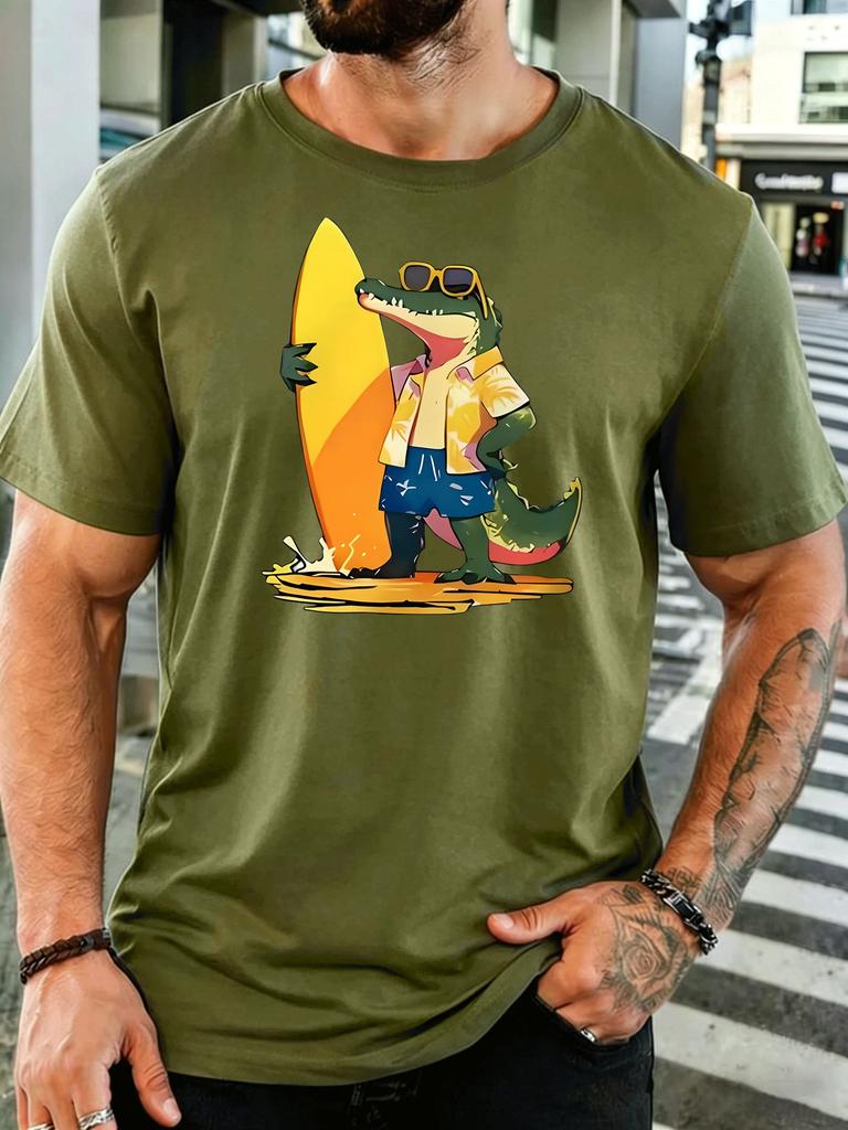 Unisex Short Sleeve T Shirt Surfing Crocodile Graphic Tee Beach Print Tops Summer Soft Cotton Casual Street Wear For Adult Male