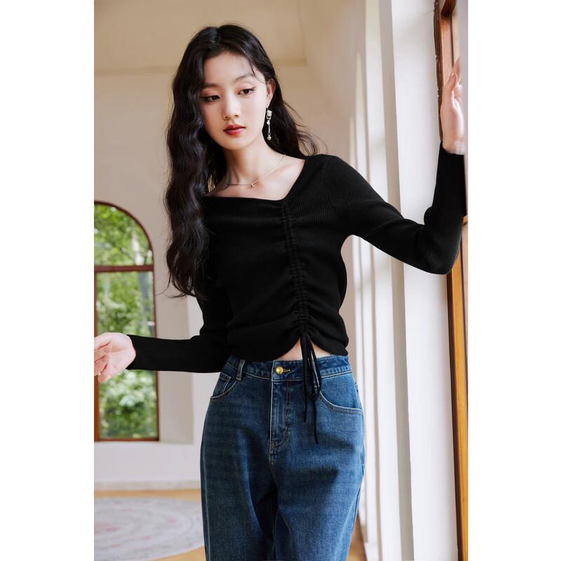 Women s French Elegant Drawstring Knit Sweater M