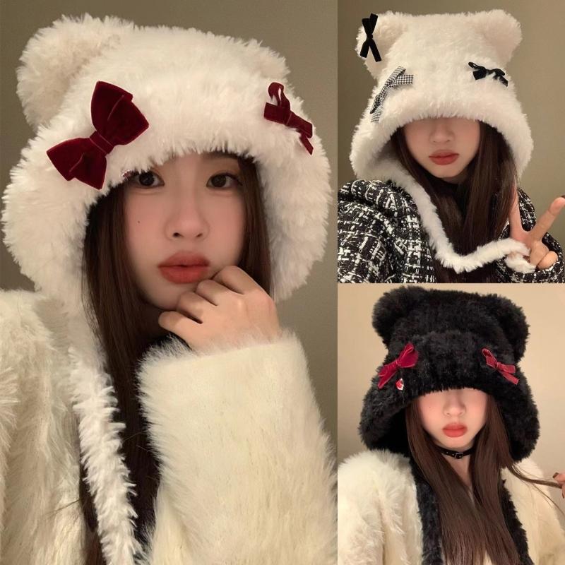 Bowknot Bear Ear Hat Warm Ear Flap Hat Ear Protective Cap Cold Weather Beanies