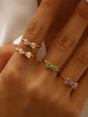 Korean Ins Fashion Exquisite Temperament Y2K Style Stainless Steel With Diamonds Plated 18K Gold Bow Open Ring Female
