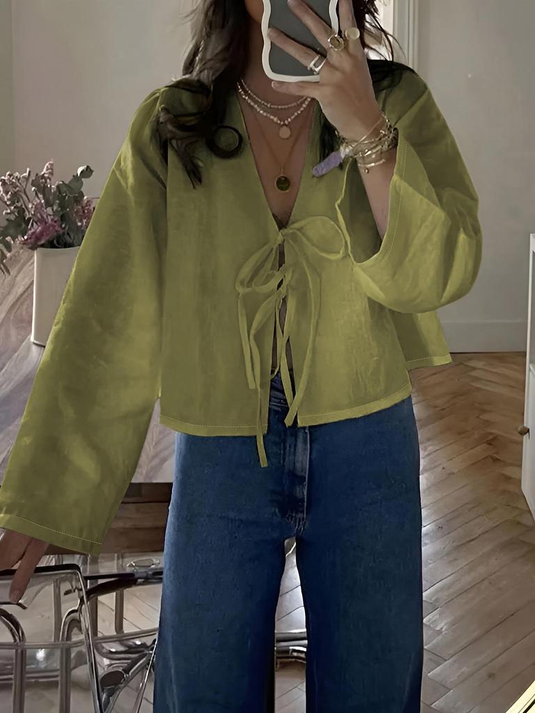 Women's Long-Sleeve V-Neck Lace-Up Solid Color Commuter Shirt