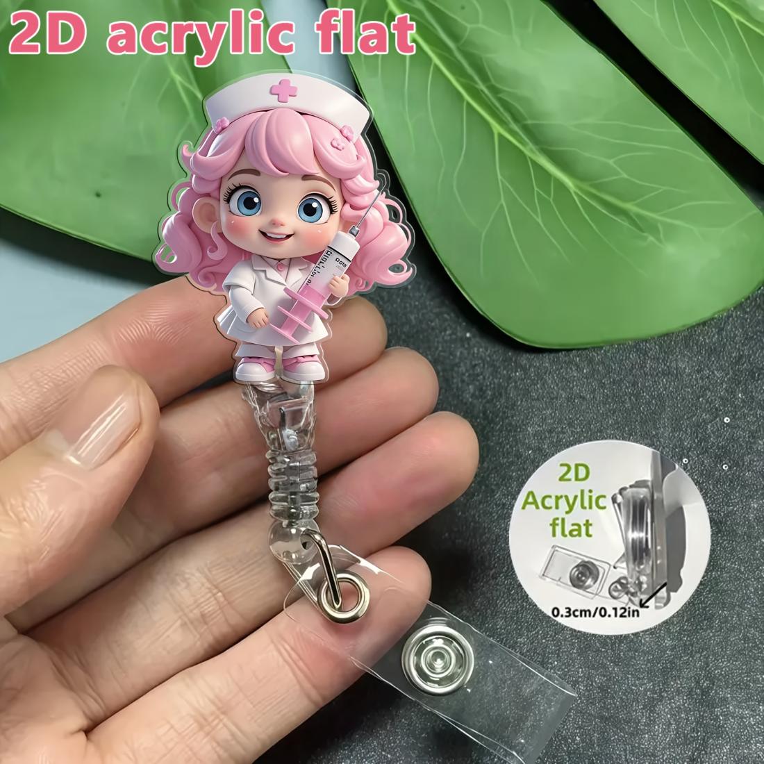 2D Плоский Новый Розовые Волосы Медсестра Акриловый Держатель Для Бейджа, Выдвижной Зажим Для Бирки Аксессуар Для Студентов-Медсестер И Практикующих Медсестер 6cm white