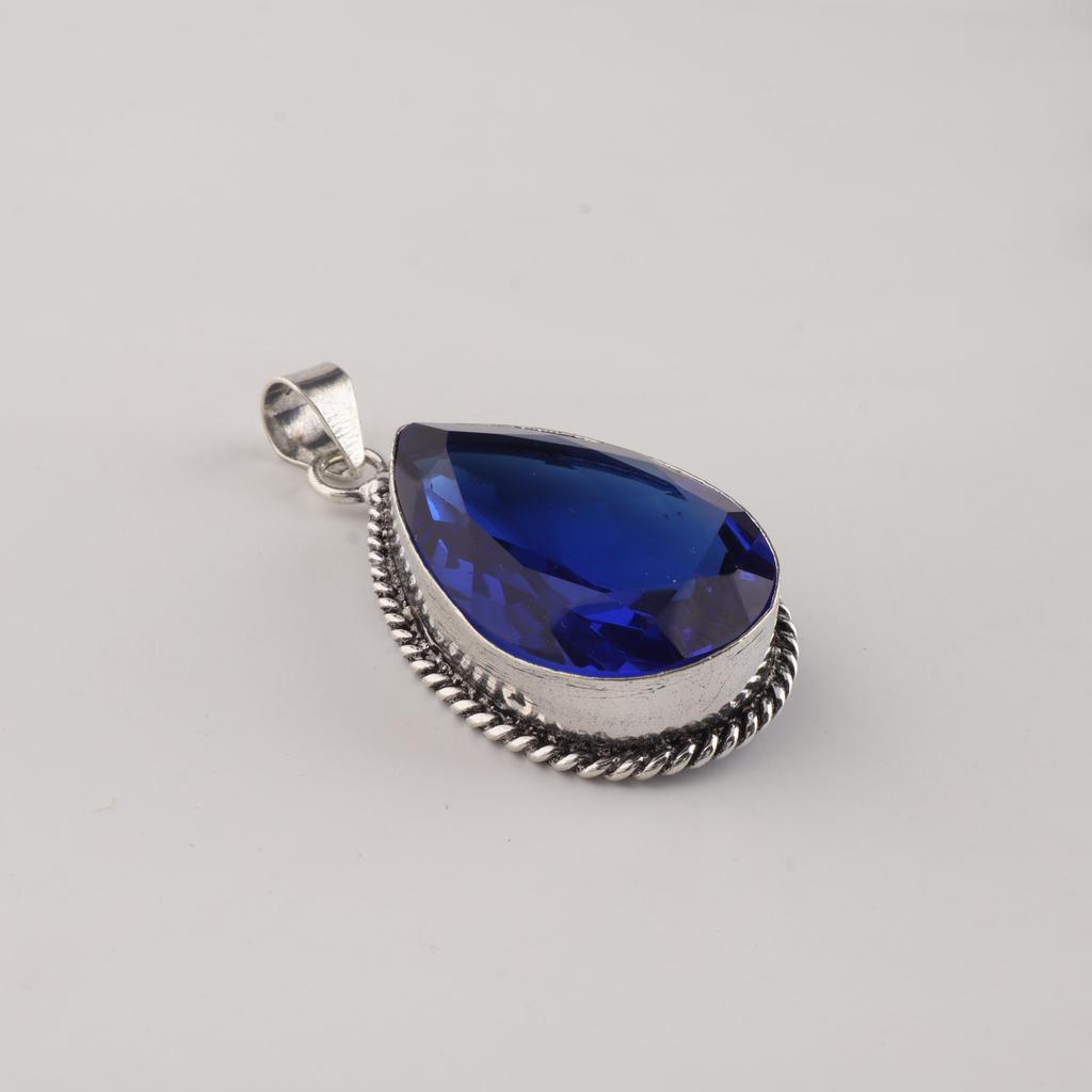 Blue Sapphire Gemstone Silver Pendant 1.8" , 925 Sterling Silver Jewelry, Partywear Pendant, Valentine's Day Gift For Wife PP-65-6