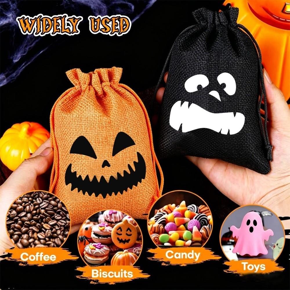 5Pcs Reusable Halloween Candy Bags Linen Halloween Gift Bags Spooky Face Pouches Trick or Treat
