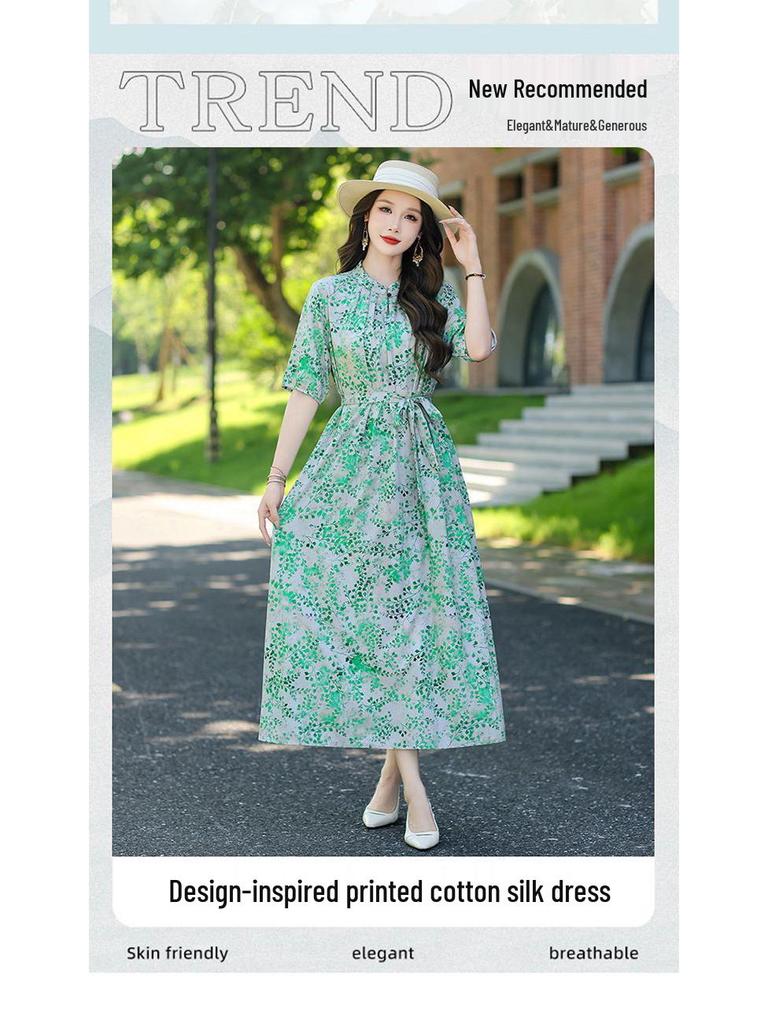 Kwiatowa Sukienka Midi Plus Size z Bawełny i Jedwabiu na Lato - Elegancki Chiński Styl
