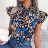 Summer Sleeveless Shirt Casual Fashion Leopard Print Blouse Sweet Lace-up Bow Collar Chiffon Tops Women Loose Clothes 28622