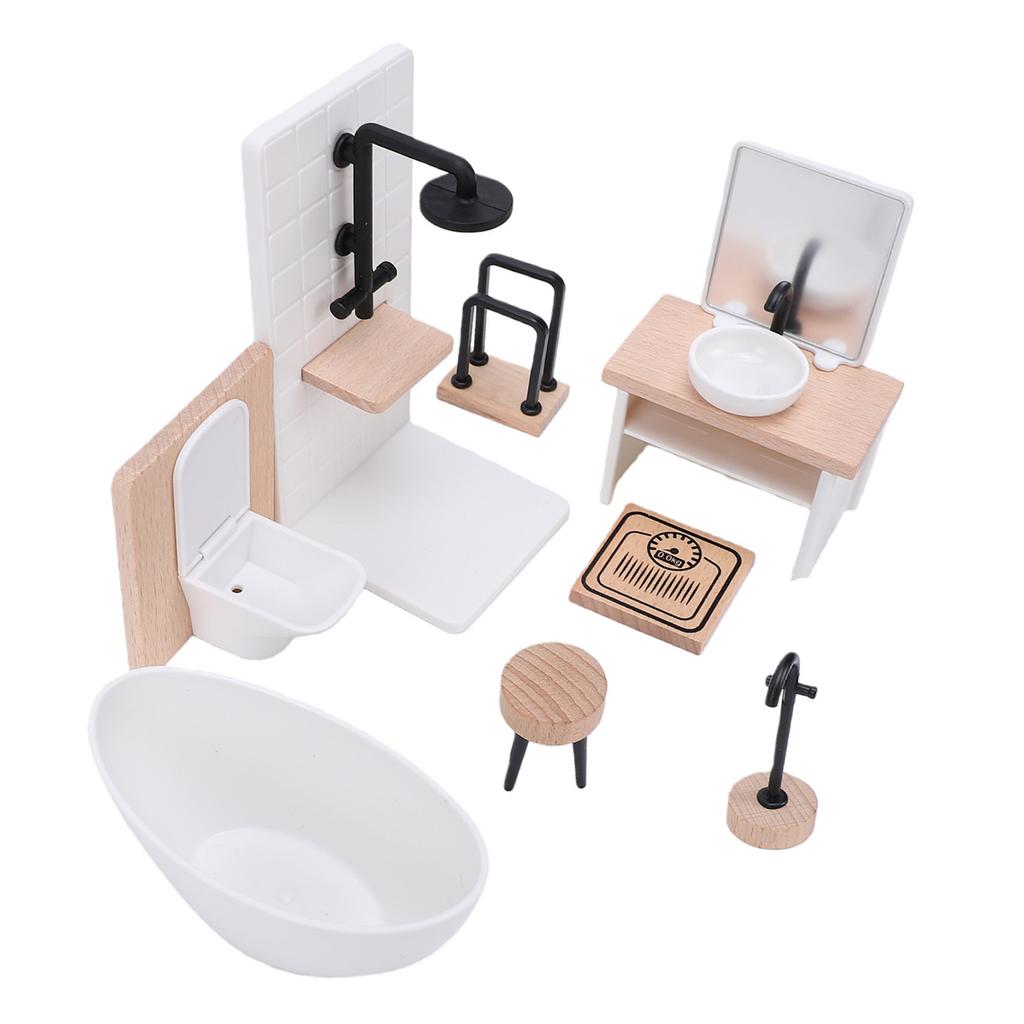 1:12 Scale Miniature Dollhouse Bathroom Set Mini Shower Room Toilet Sink Bathtub Stool Faucet Furniture Accessories