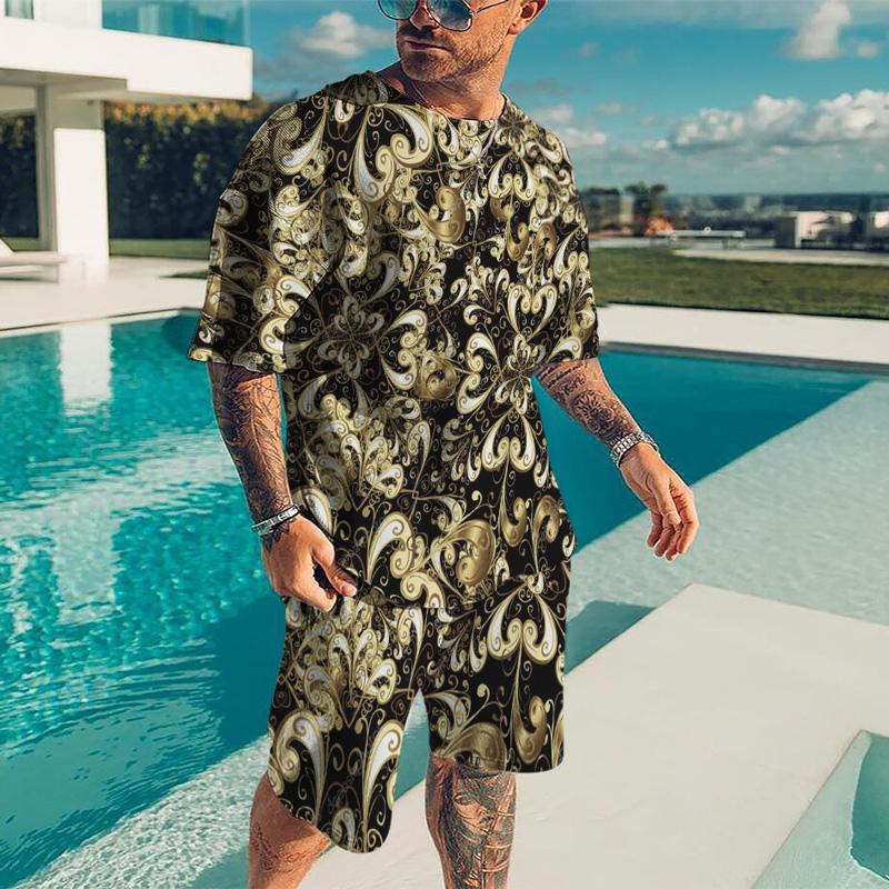 Summer Quick Drying Men's Sports Set 2-Piece 3D Printing Gold Line Black Set European Luxury Style Men's T-shirt+Beach Pants