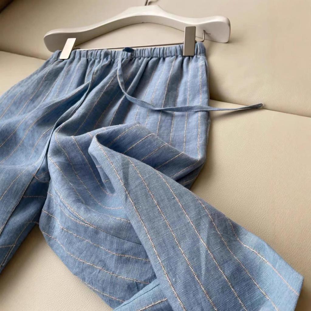 Women's High-Waisted Blue Stripe Linen Wide-Leg Pants - Slimming & Comfortable Summer Trousers