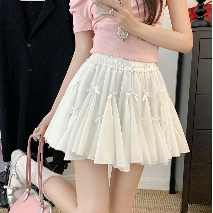 Petite Women's Summer Elastic Waist Pleated A-line Mini Skirt with Built-in Safety Shorts and Bow