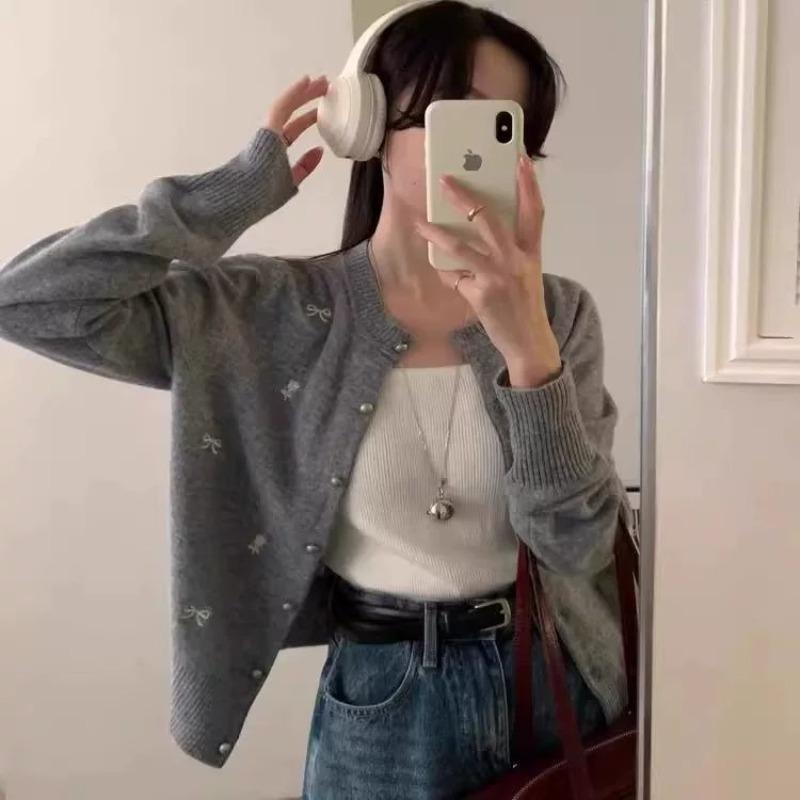 Bow flower embroidered knitted sweater women's spring and autumn new sweet short crew neck top thin sweater cardigan jacket
