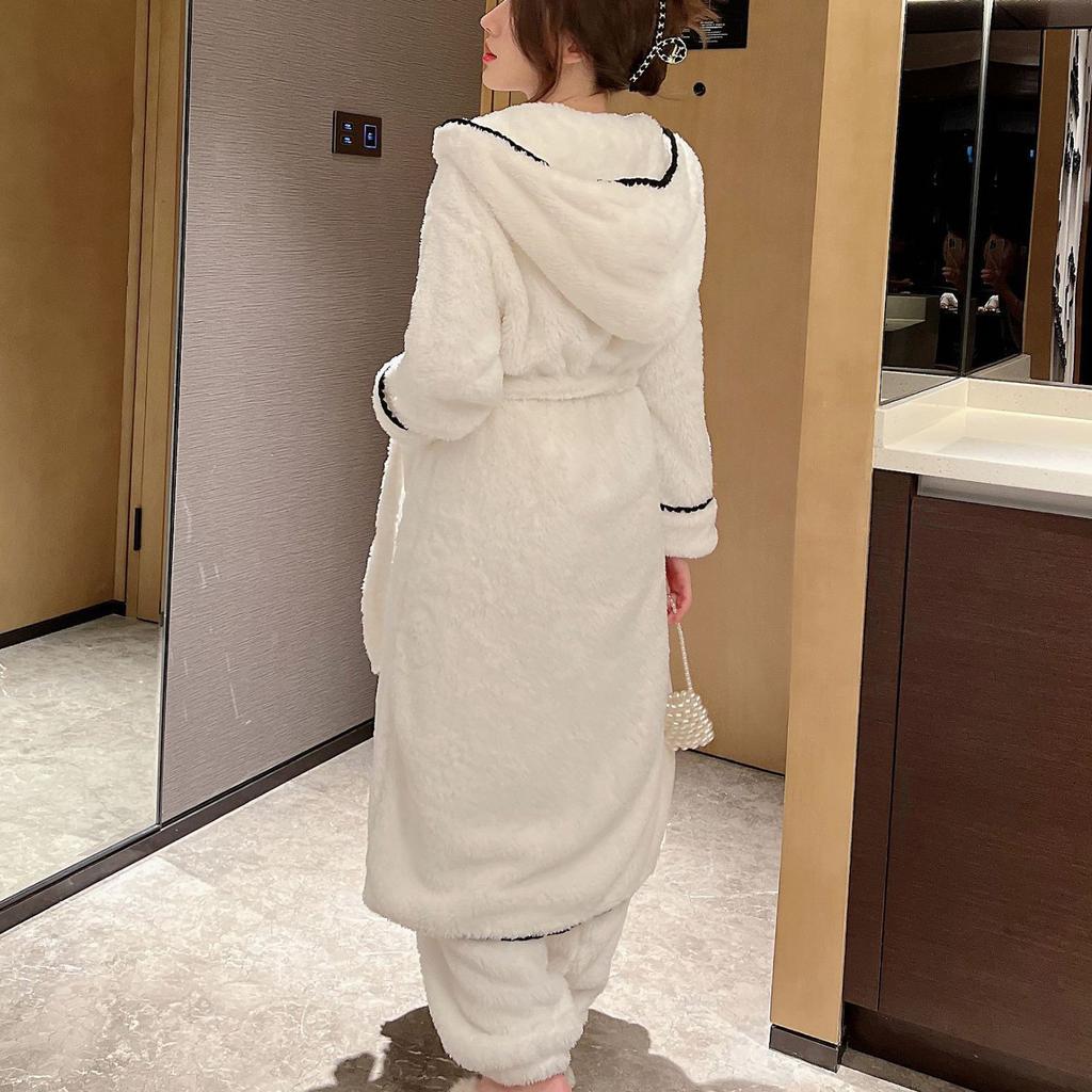 Plush Coral Fleece Sleepwear Two Piece Set Winter Thick Long Robe Pajamas Hooded Bathrobe Nightgown Loose White Flannel Homewear