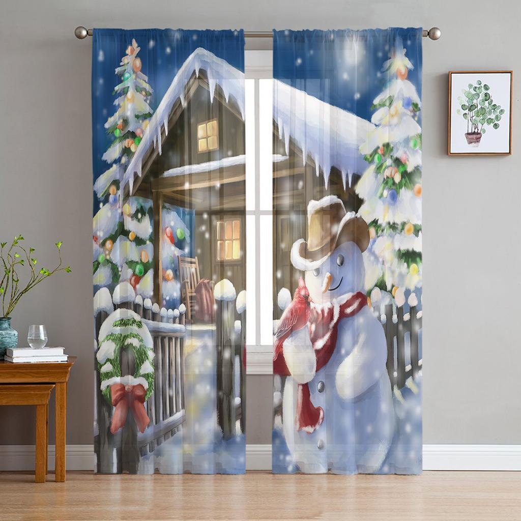 Christmas Christmas Tree Leaves Green Red Tulle Sheer Window Curtains for Living Room Bedroom Decor Voile Curtains Drapes