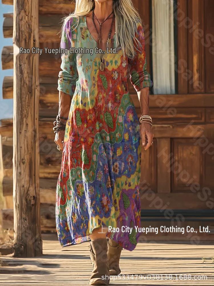 European-American Retro Floral Print Long Sleeve Dress