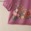 ZANZEA Women Casual Round Neck Half Sleeve Loose Floral Blouse
