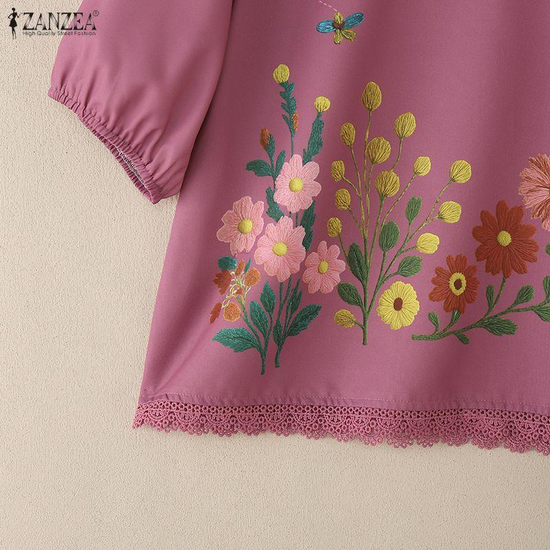ZANZEA Women Casual Round Neck Half Sleeve Loose Floral Blouse