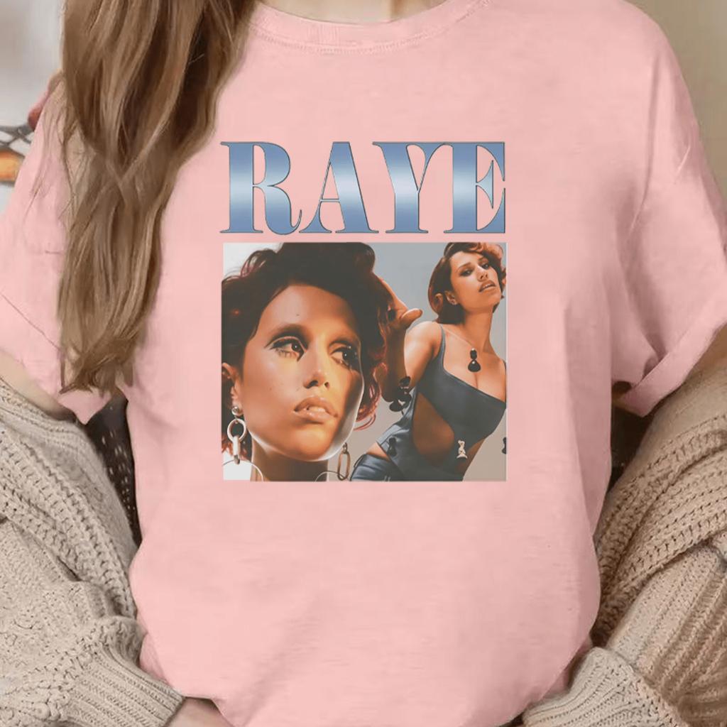 Fashion Women's Springsummer Collection, Featuring A RAYE-themed Print A Bold Blue-gray RAYE Text in Thick Font At The Top Against A Black Background